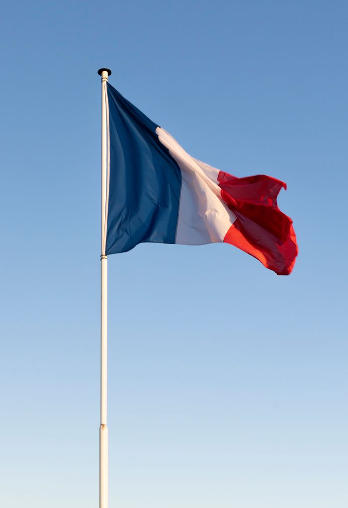 French flag waving on a flagpole, showing its colors vibrant against a clear blue sky.
