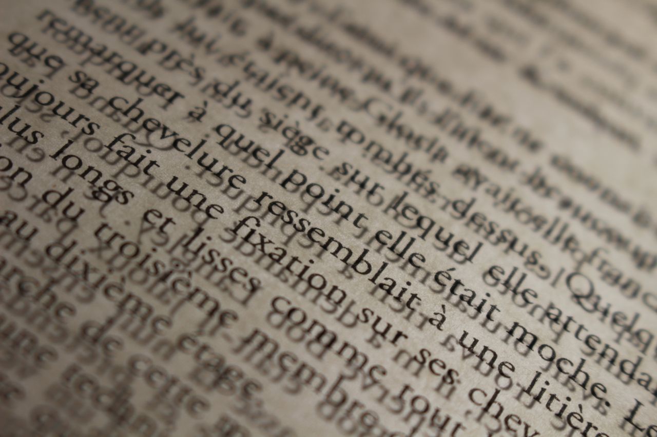 Detailed macro shot of old French text, showcasing vintage typography and texture.